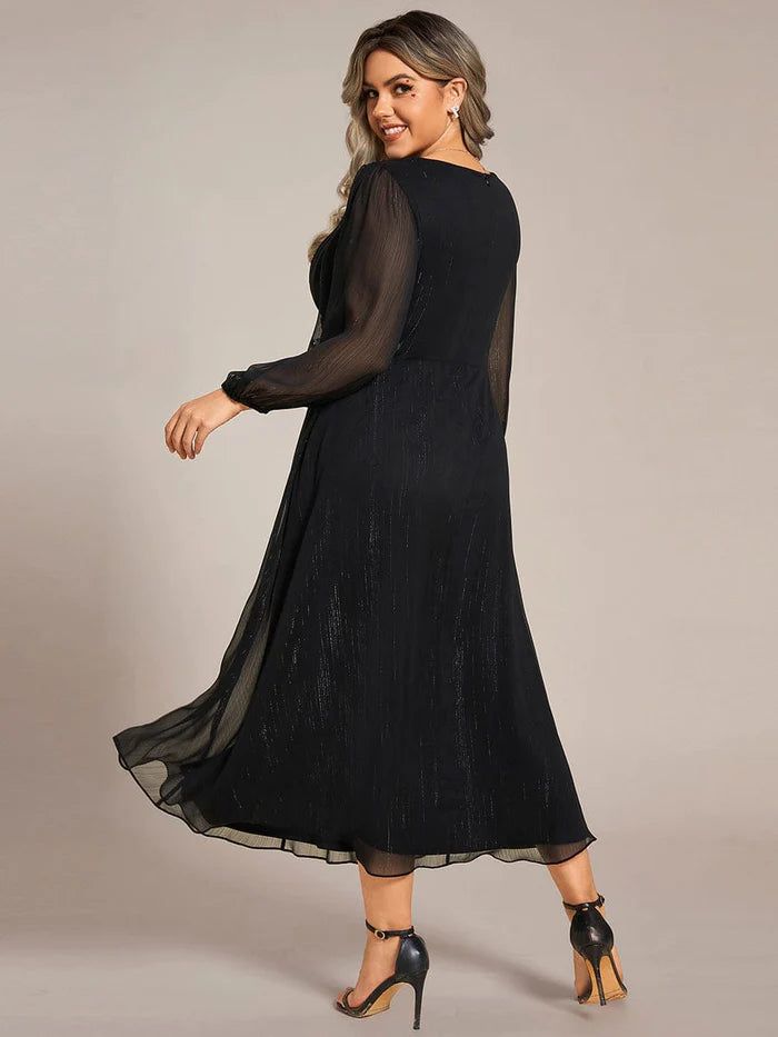Plus Size Twist Knot Louts Leaf Long Sleeve A-Line Evening Dress With  Prom  Dresses